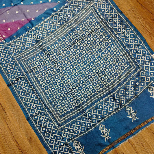 Pure Tussar Rankat-Style Saree with Gujarati Stitch Embroidery