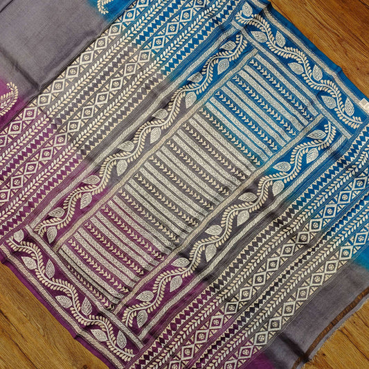 Pure Tassar Silk Saree with Kantha Stitch – Three-Color Design