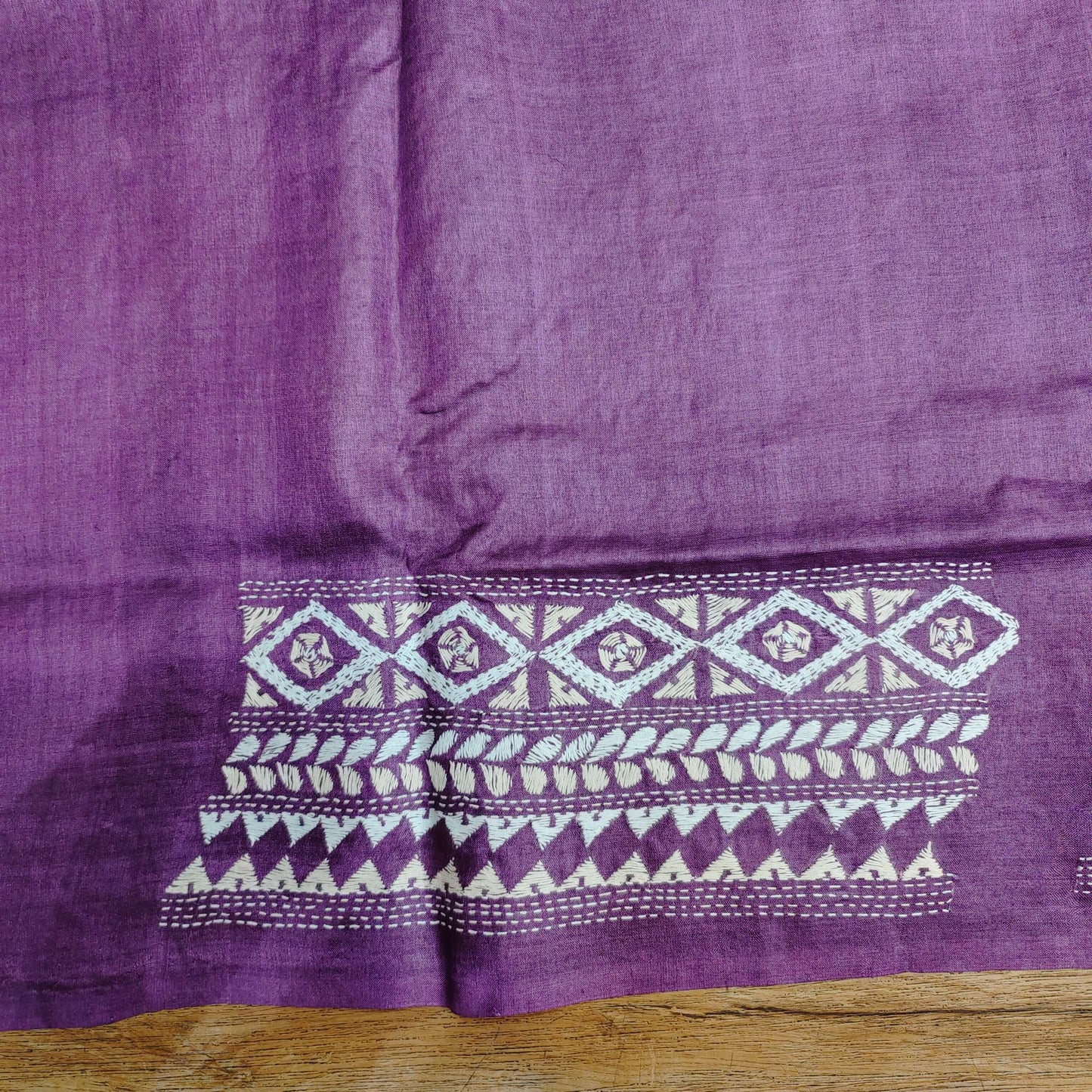 Pure Tassar Silk Saree with Kantha Stitch – Three-Color Design