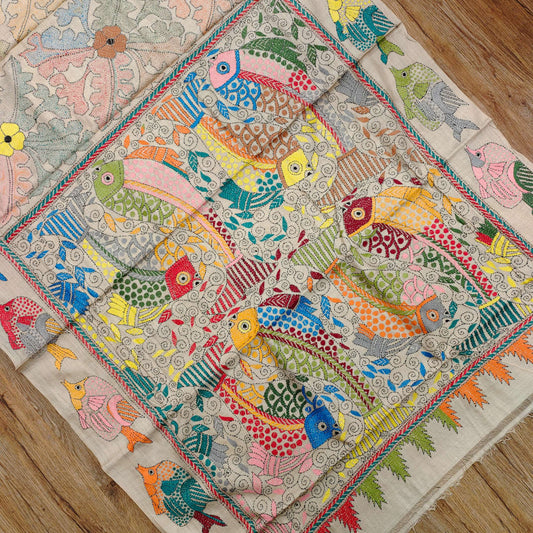 Pure Tassar Silk Saree with Multicolor Kantha Stitch – Fish Motif Design