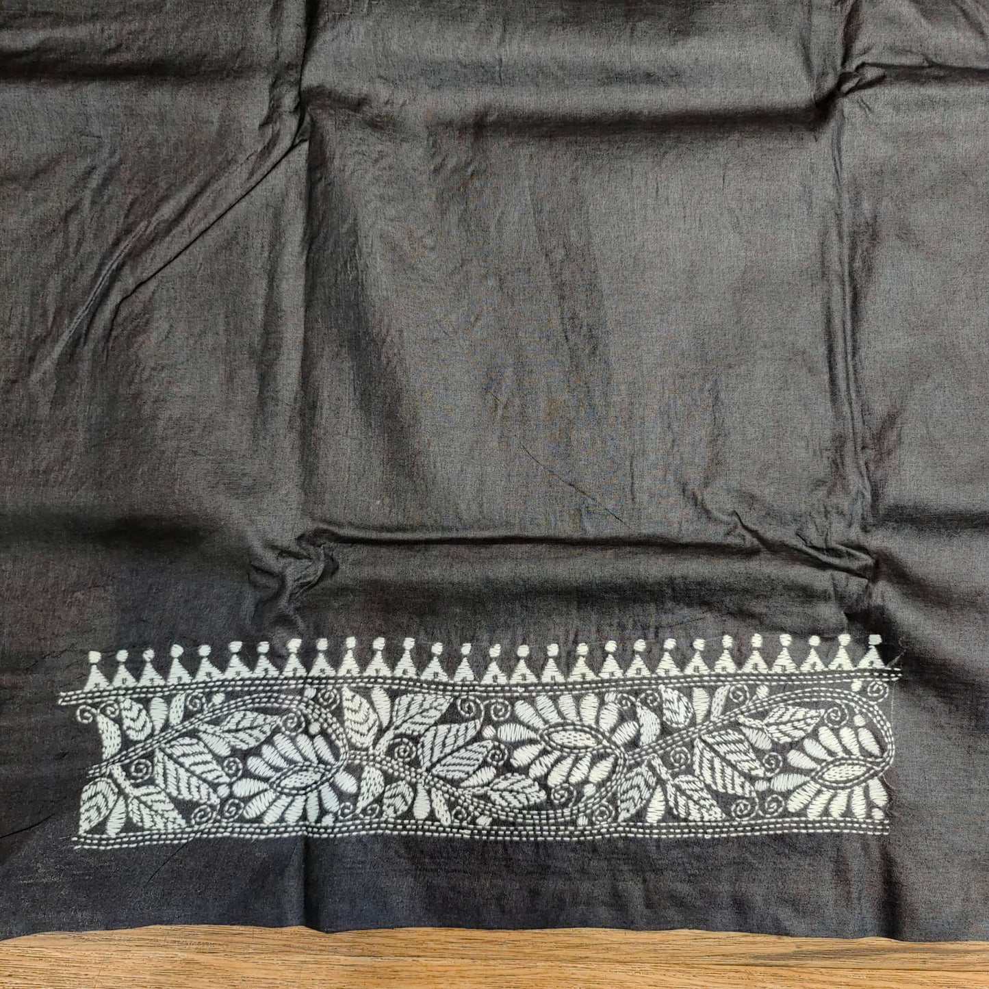 Pure Tassar Silk Kantha Stitch Saree – Contrast Black Aanchal
