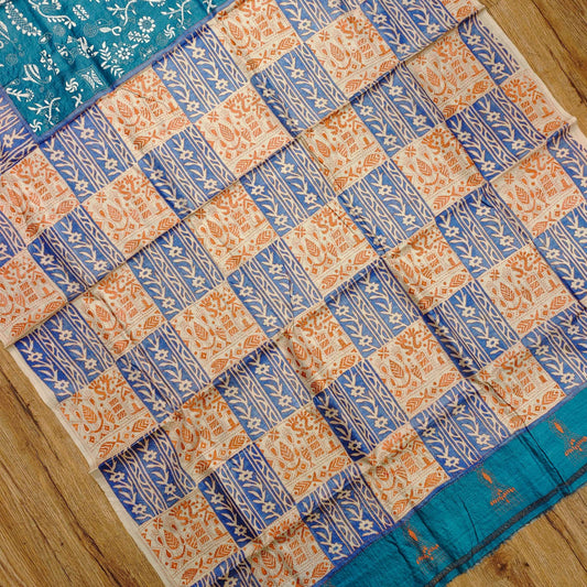 Pure Tussar Kantha Stitch Saree with Box Design Achal