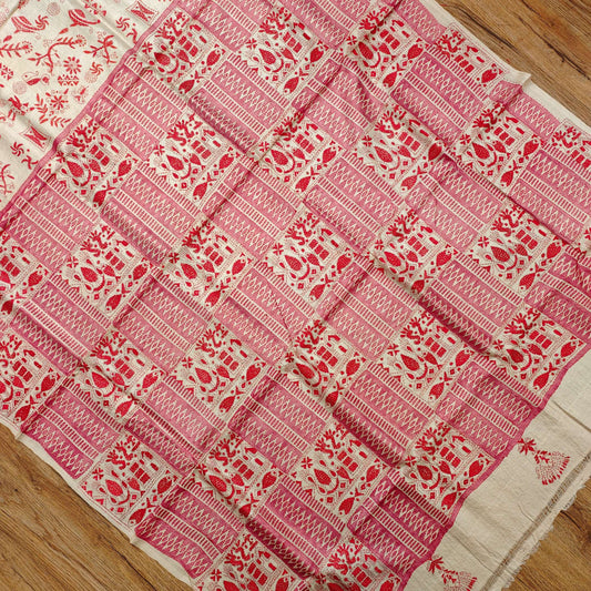 Heritage Kantha Embroidered Tussar Silk Saree – Beige & Red