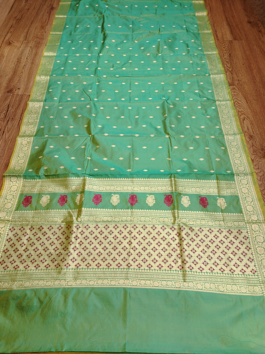 Aqua Green Kataan Silk Banarasi Saree with Meena & Resham Work