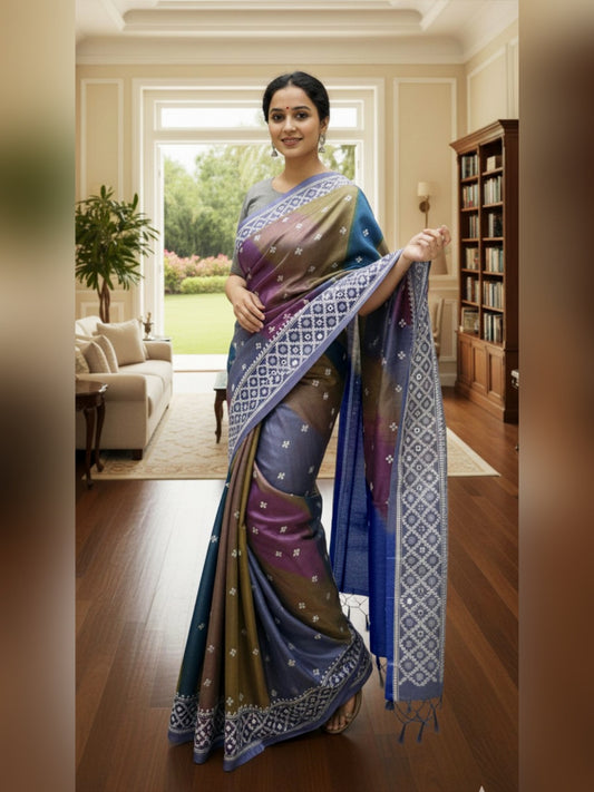 Pure Tussar Rankat-Style Saree with Gujarati Stitch Embroidery