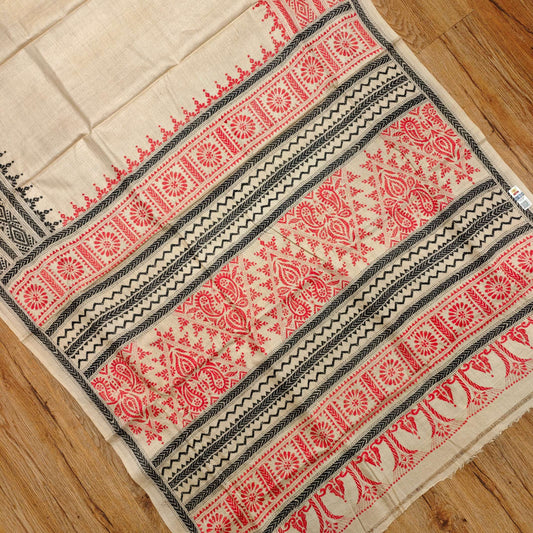 Pure Tassar Silk Saree with Kantha Stitch – Ganga-Jamuna Border