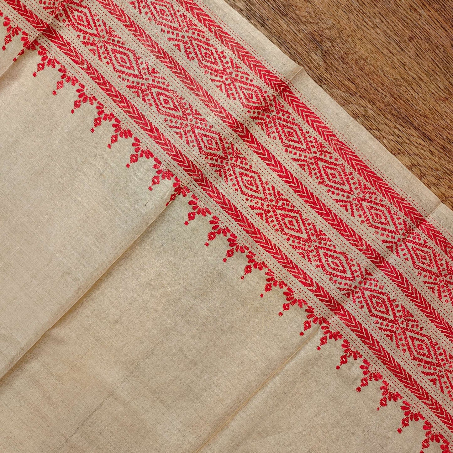 Pure Tassar Silk Saree with Kantha Stitch – Ganga-Jamuna Border