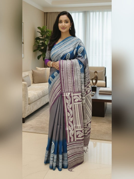 Pure Tassar Silk Saree with Kantha Stitch – Three-Color Design