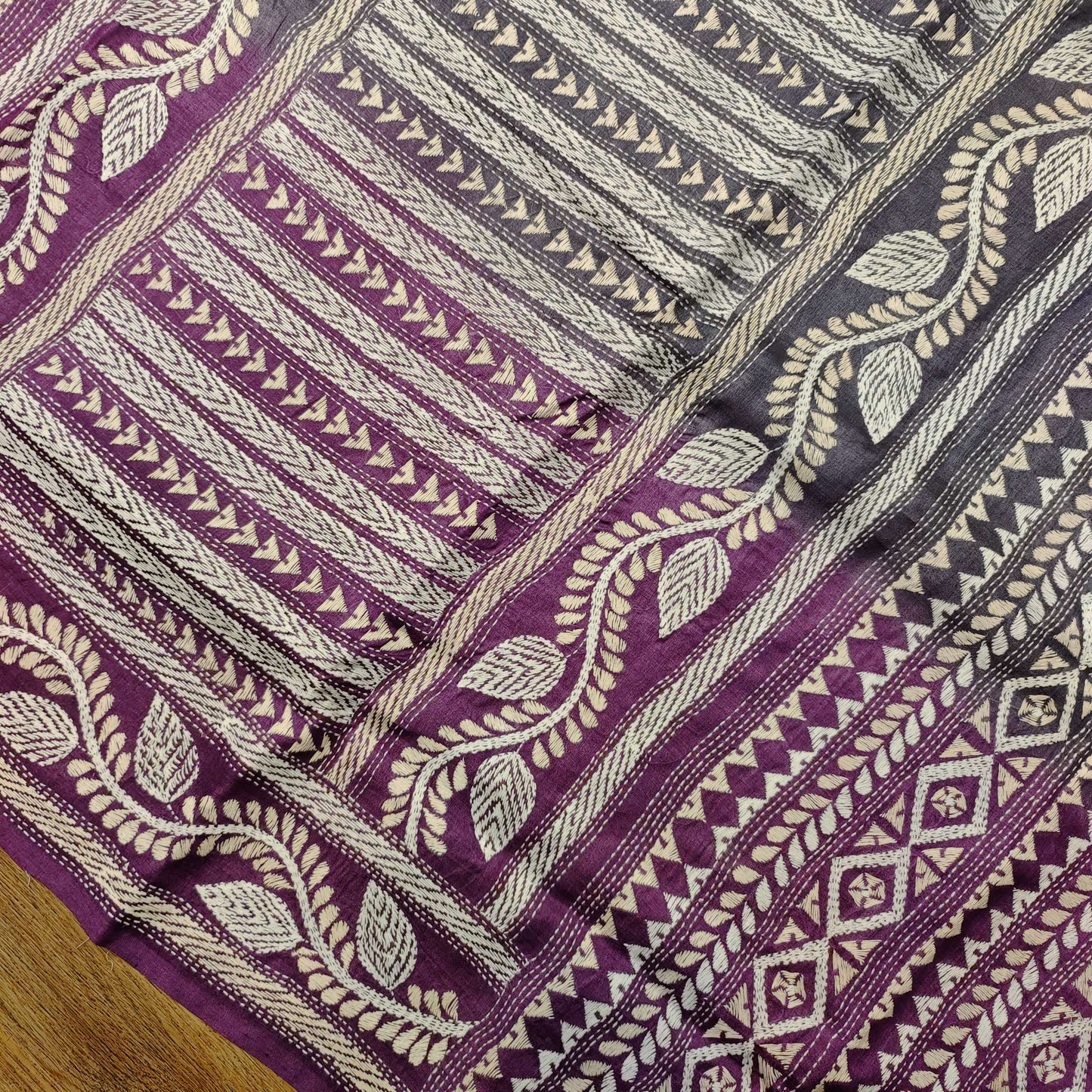 Pure Tassar Silk Saree with Kantha Stitch – Three-Color Design