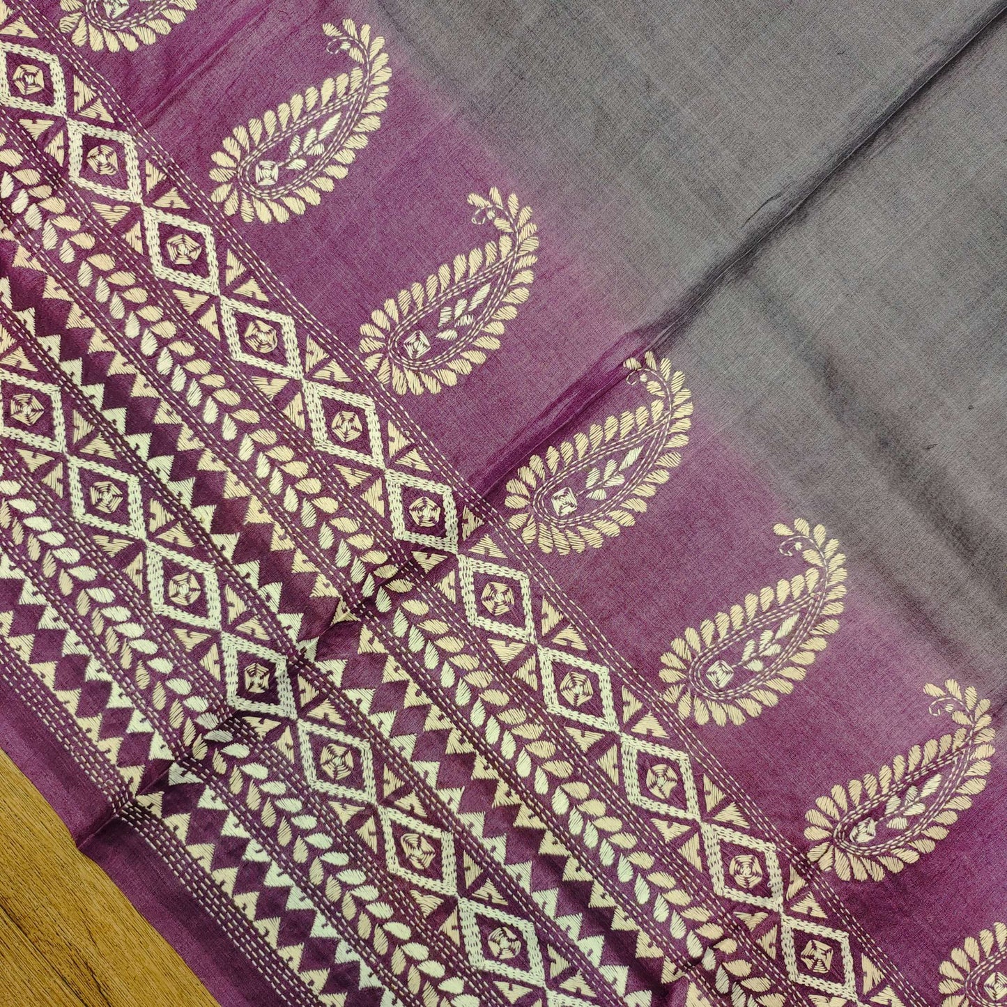 Pure Tassar Silk Saree with Kantha Stitch – Three-Color Design