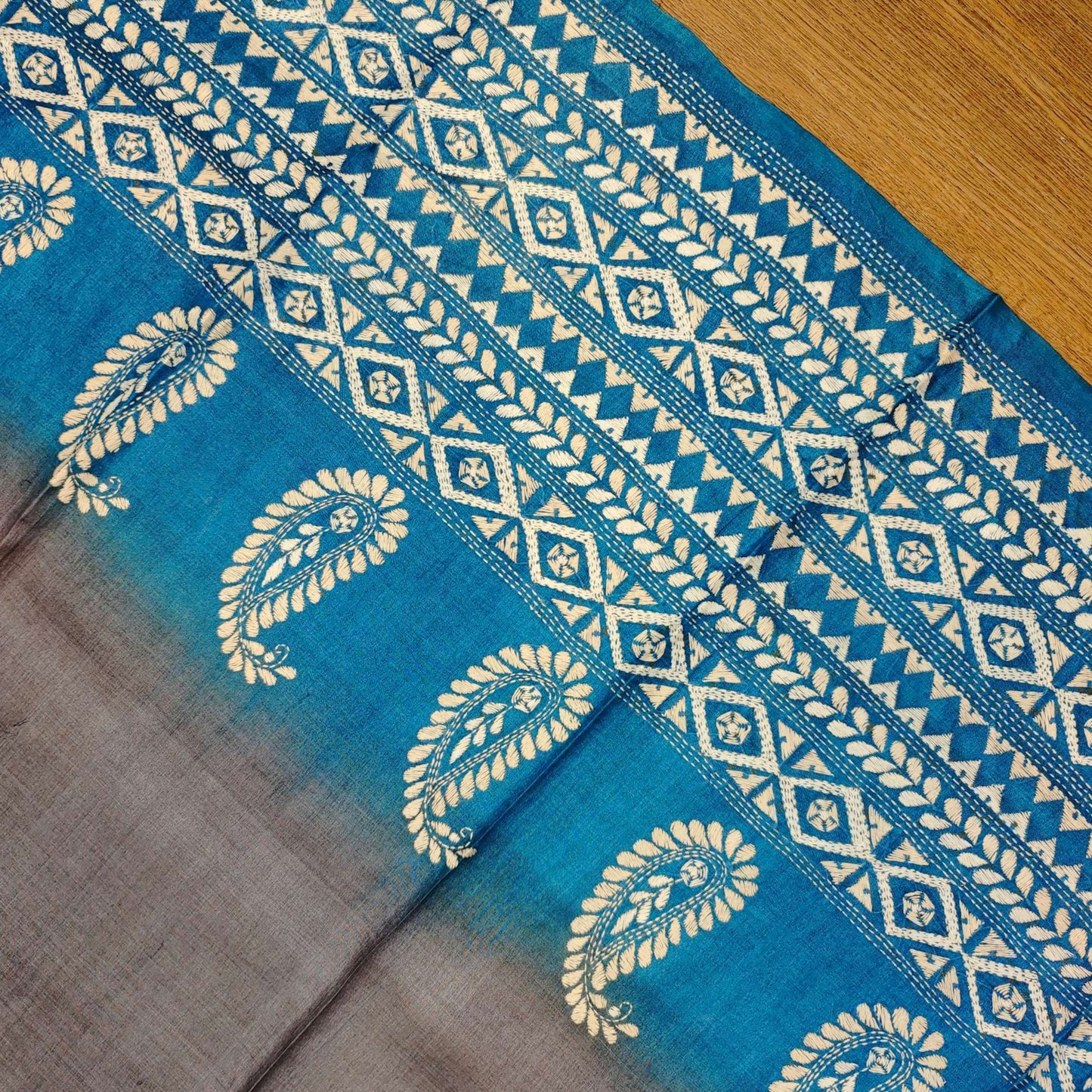 Pure Tassar Silk Saree with Kantha Stitch – Three-Color Design