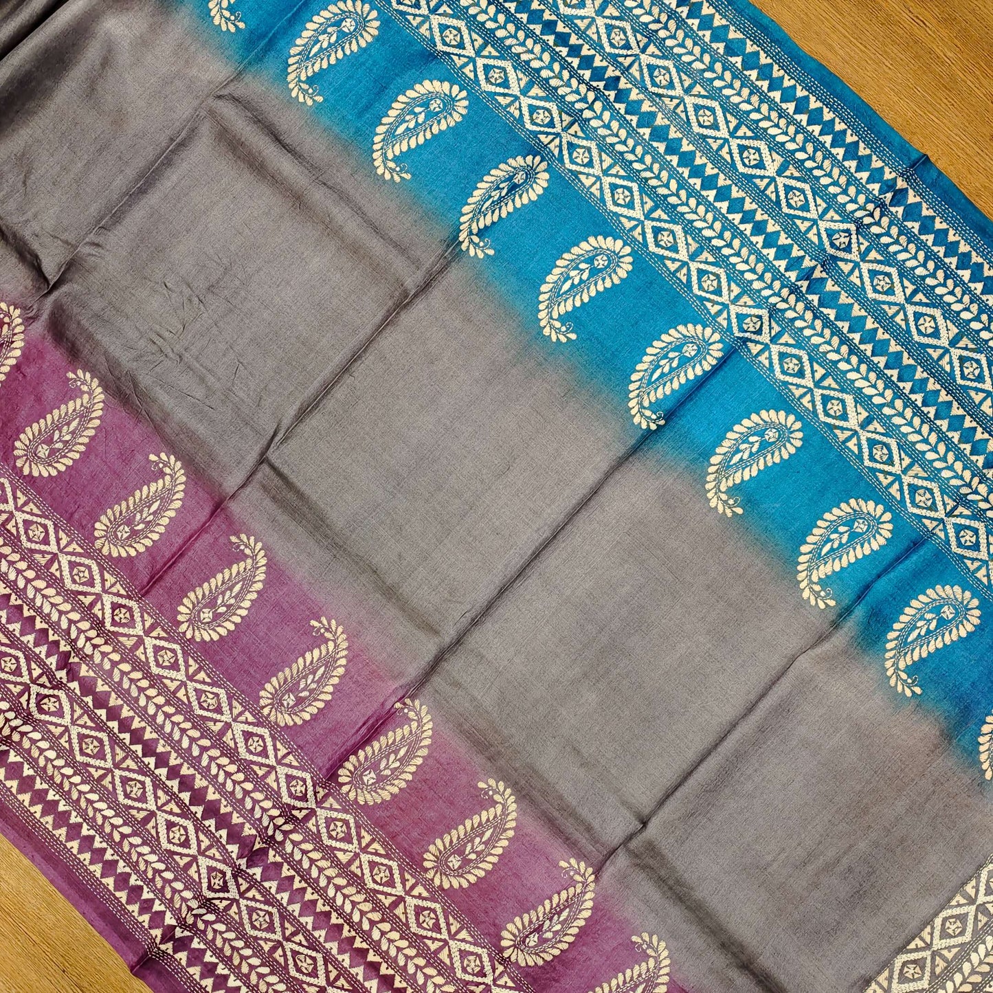 Pure Tassar Silk Saree with Kantha Stitch – Three-Color Design