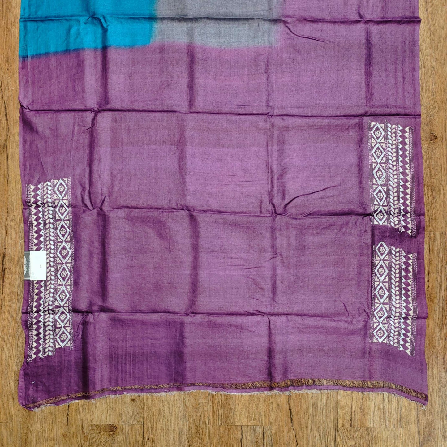 Pure Tassar Silk Saree with Kantha Stitch – Three-Color Design
