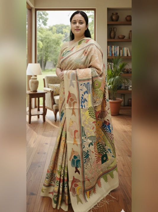 Pure Tassar Silk Saree with Multicolor Kantha Stitch – Fish Motif Design