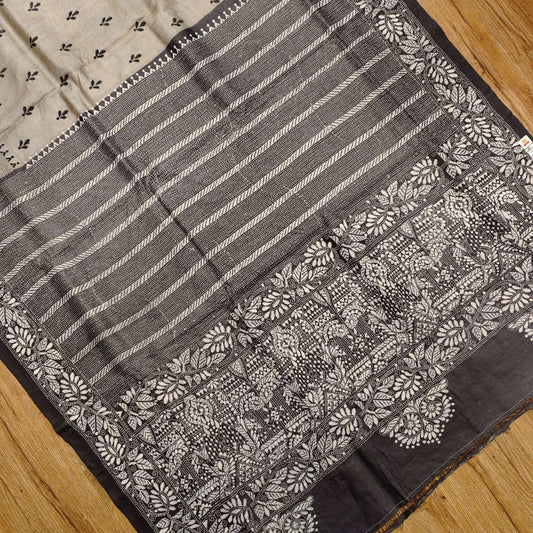 Pure Tassar Silk Kantha Stitch Saree – Contrast Black Aanchal