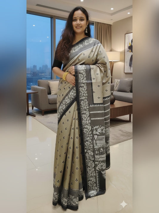 Pure Tassar Silk Kantha Stitch Saree – Contrast Black Aanchal