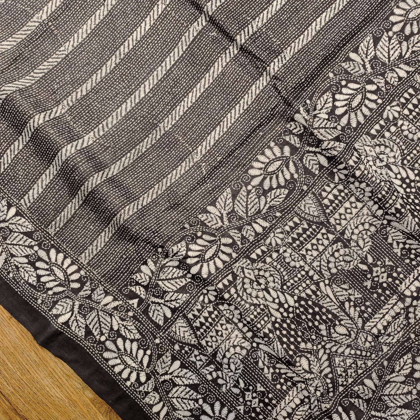 Pure Tassar Silk Kantha Stitch Saree – Contrast Black Aanchal