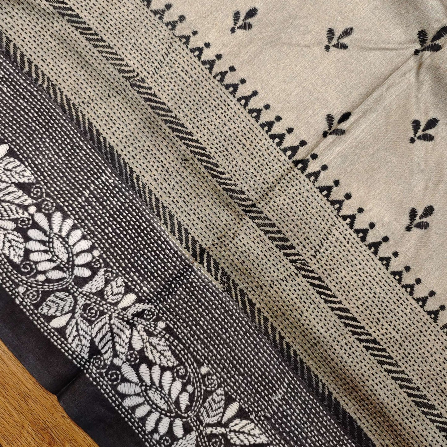 Pure Tassar Silk Kantha Stitch Saree – Contrast Black Aanchal