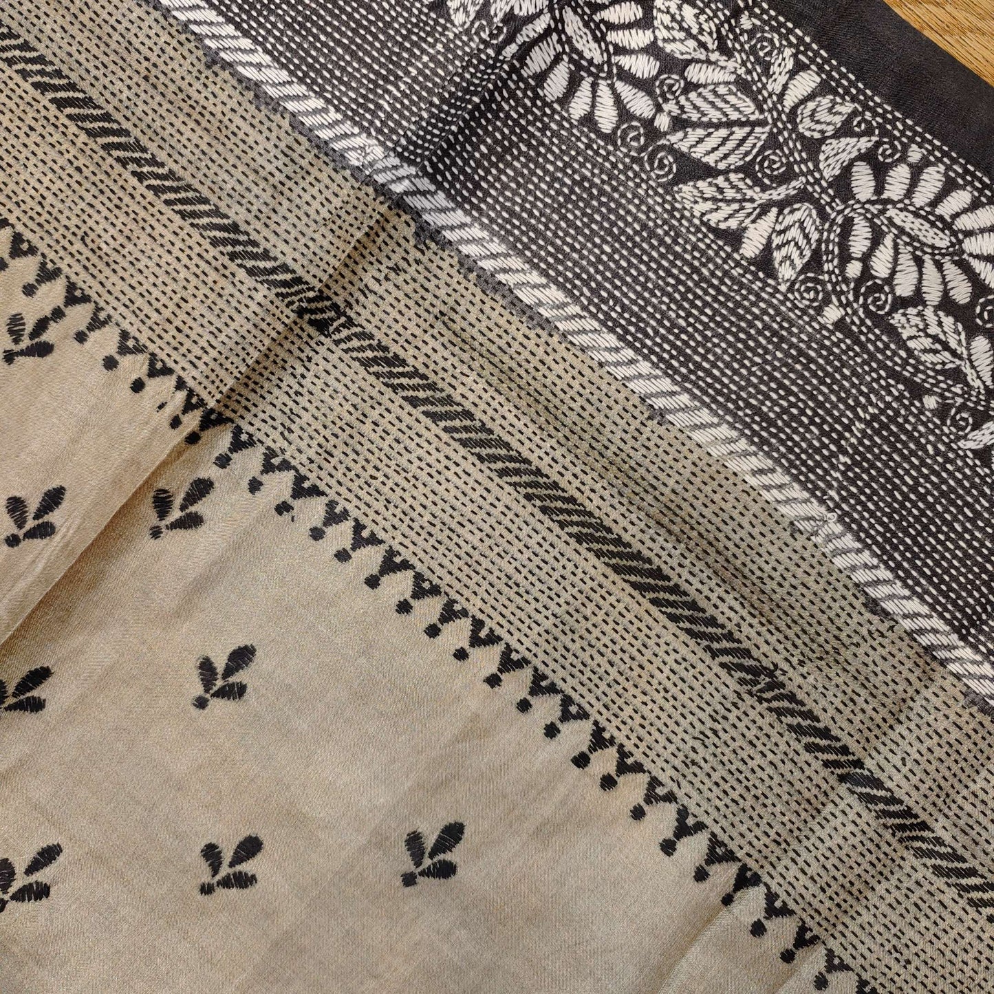 Pure Tassar Silk Kantha Stitch Saree – Contrast Black Aanchal