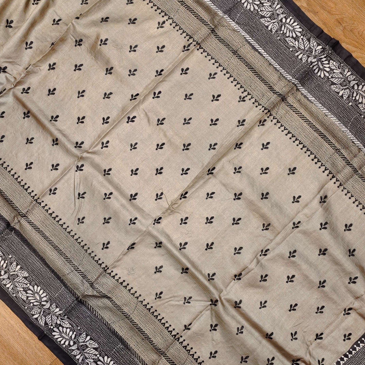 Pure Tassar Silk Kantha Stitch Saree – Contrast Black Aanchal