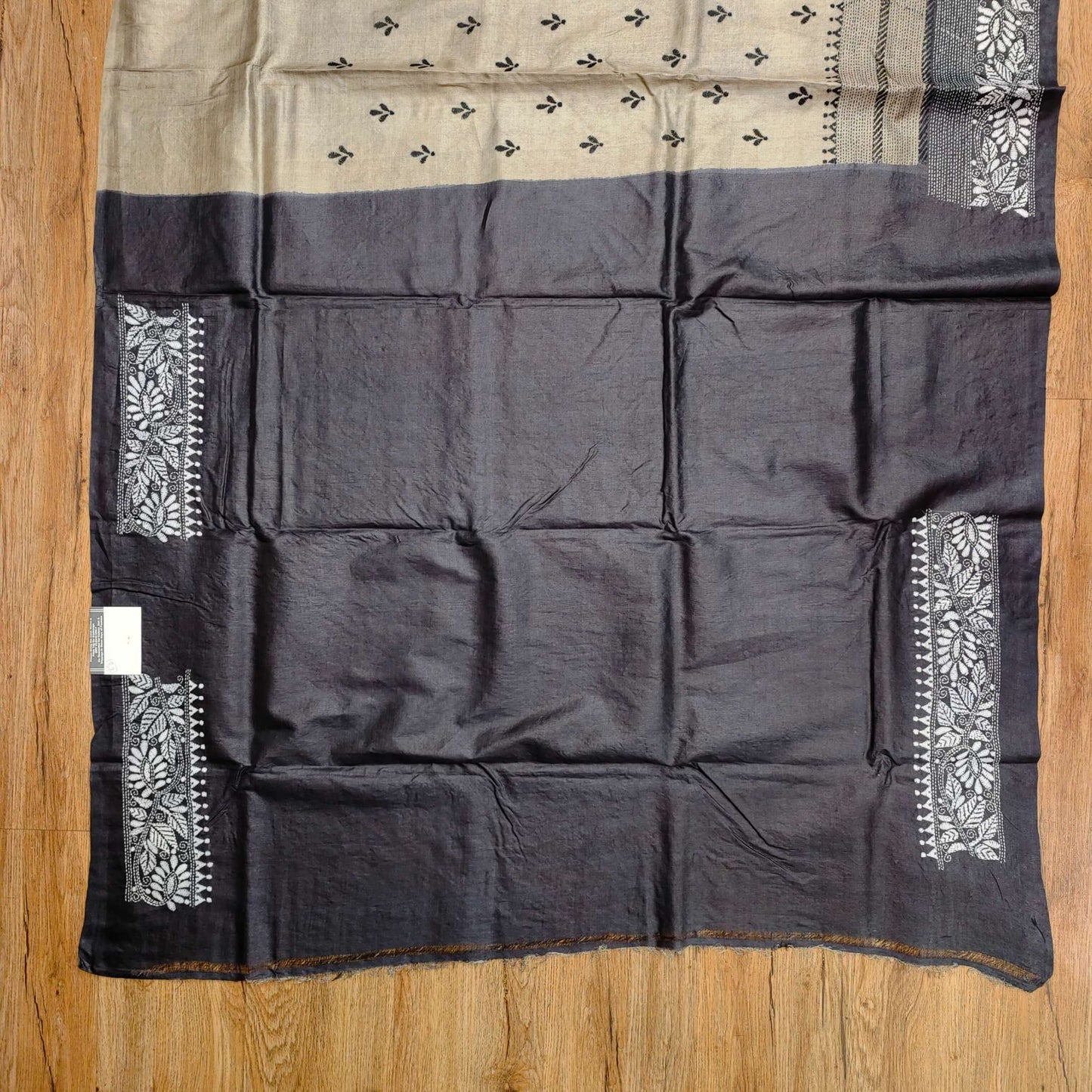 Pure Tassar Silk Kantha Stitch Saree – Contrast Black Aanchal
