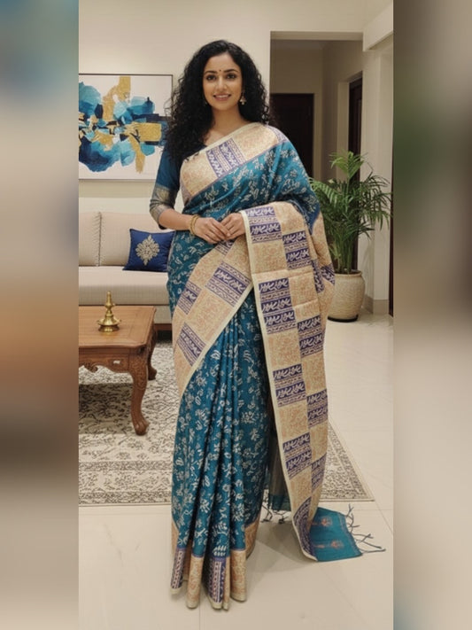 Pure Tussar Kantha Stitch Saree with Box Design Achal