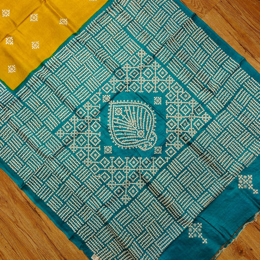 Golden Yellow Tussar Silk Saree with Intricate Gujarati Embroidery