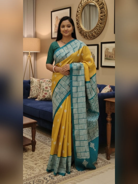 Golden Yellow Tussar Silk Saree with Intricate Gujarati Embroidery