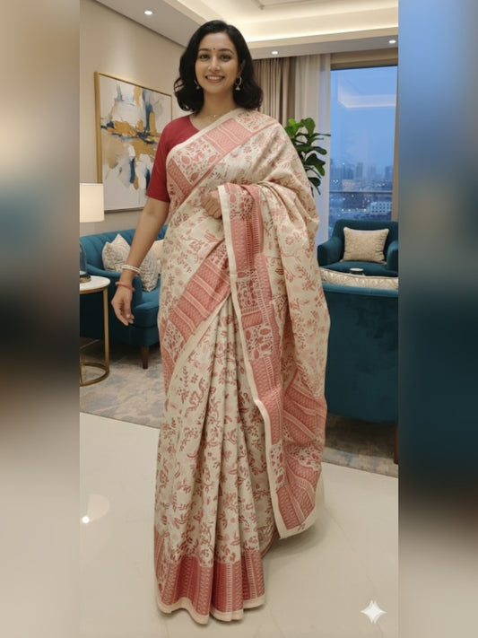 Heritage Kantha Embroidered Tussar Silk Saree – Beige & Red