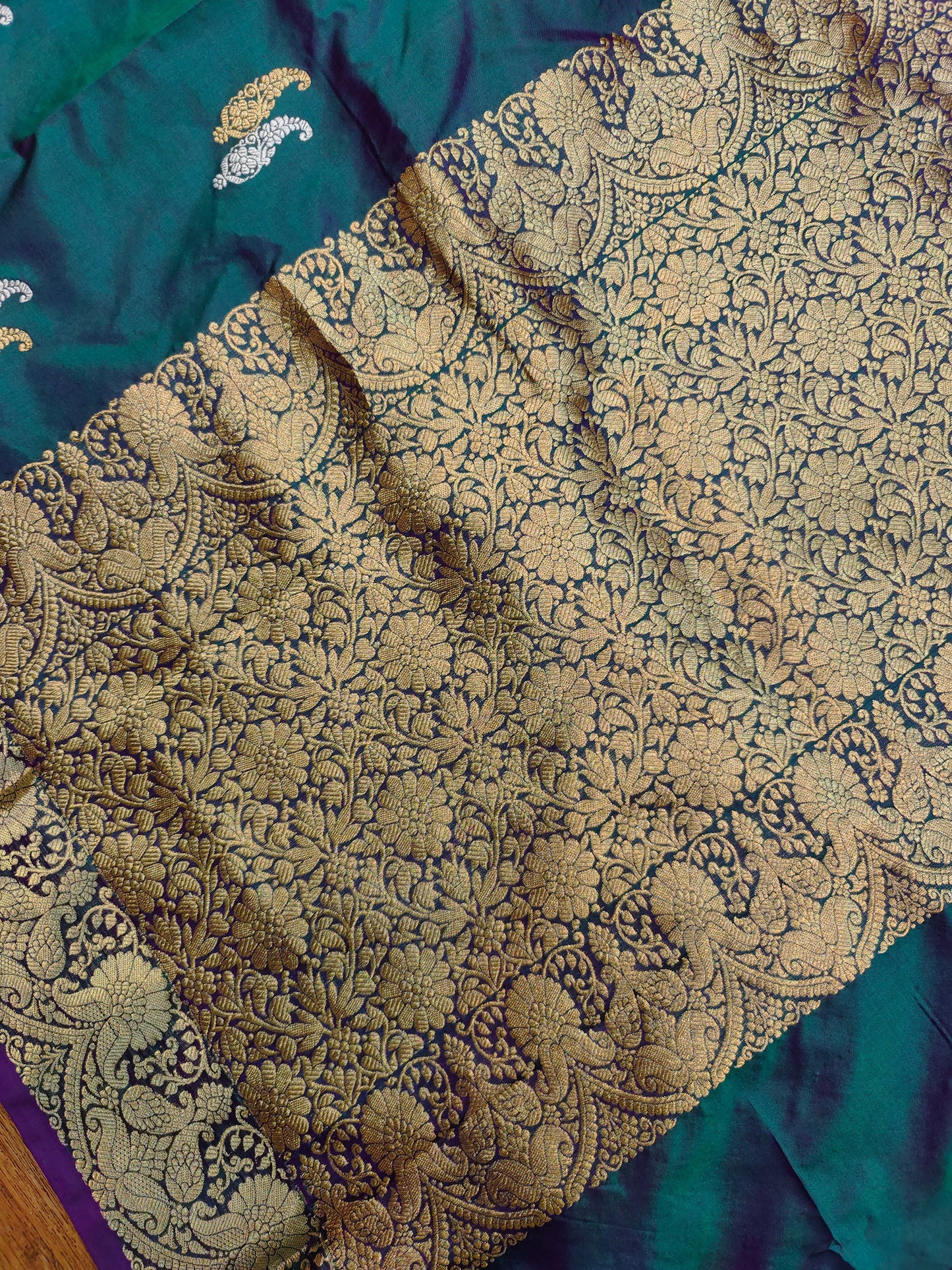 Deep Teal Green Kataan Silk Banarasi Saree with Antique Gold Zari Border