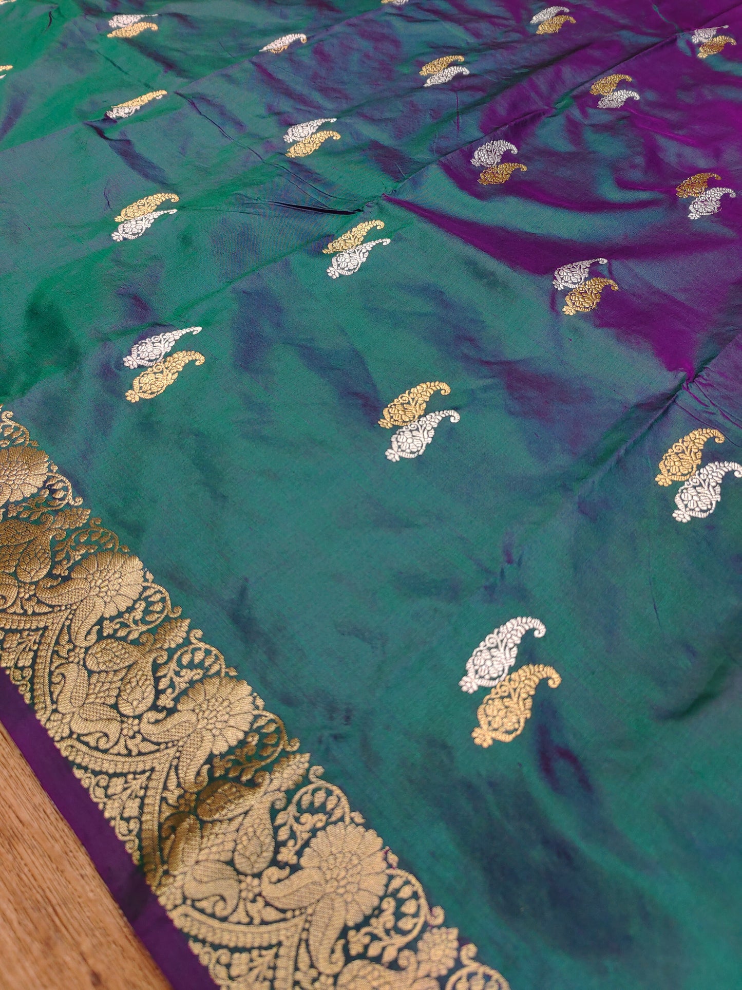 Deep Teal Green Kataan Silk Banarasi Saree with Antique Gold Zari Border