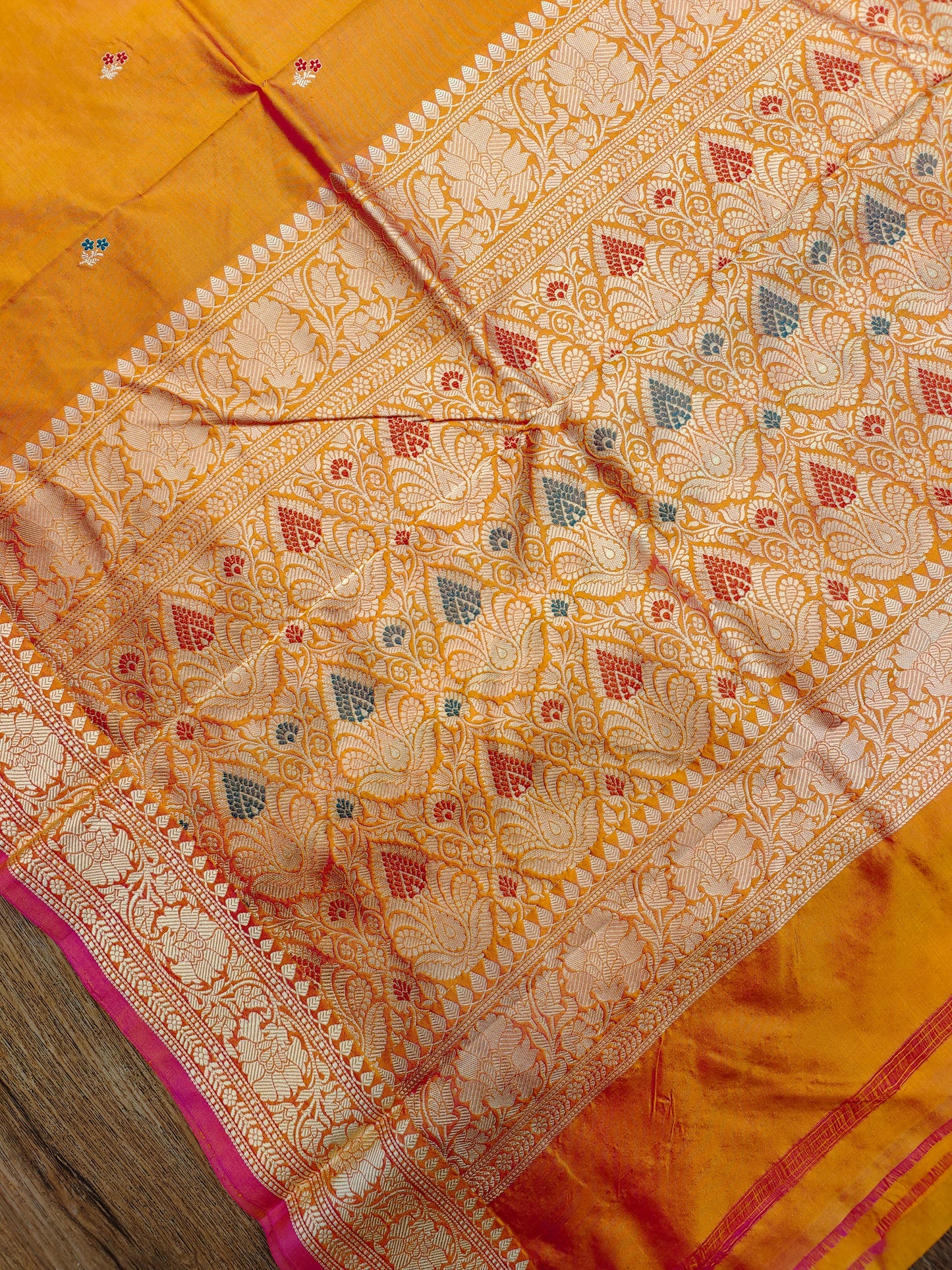 Fiery Yellow-Pink Kataan Silk Banarasi Saree with Meena Buti & Rich Gold Zari Pallu