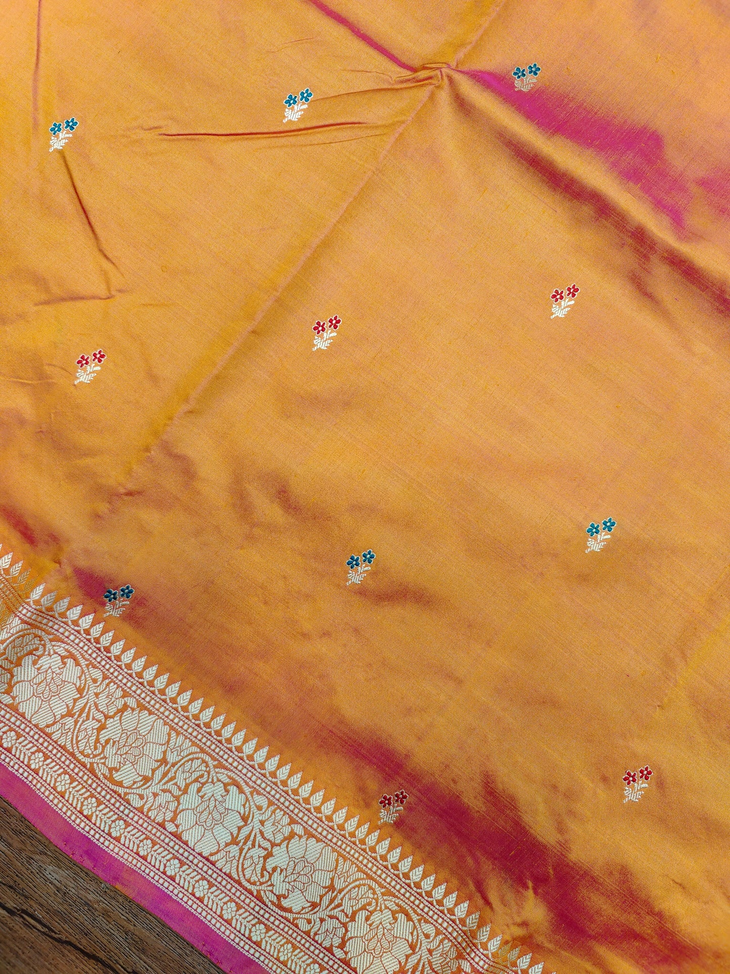 Fiery Yellow-Pink Kataan Silk Banarasi Saree with Meena Buti & Rich Gold Zari Pallu