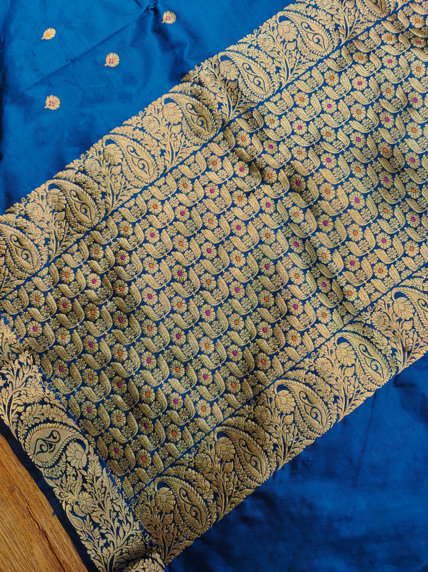 Royal Blue Kataan Silk Banarasi Saree with Gold Zari Border