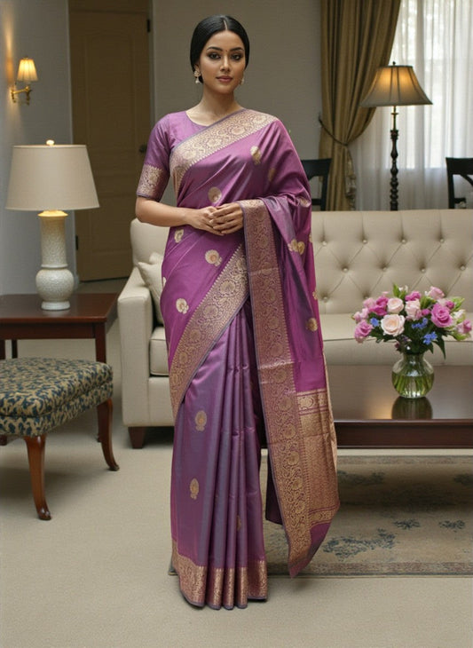 Lavender Purple Kataan Silk Banarasi Saree with Classic Gold Zari Work