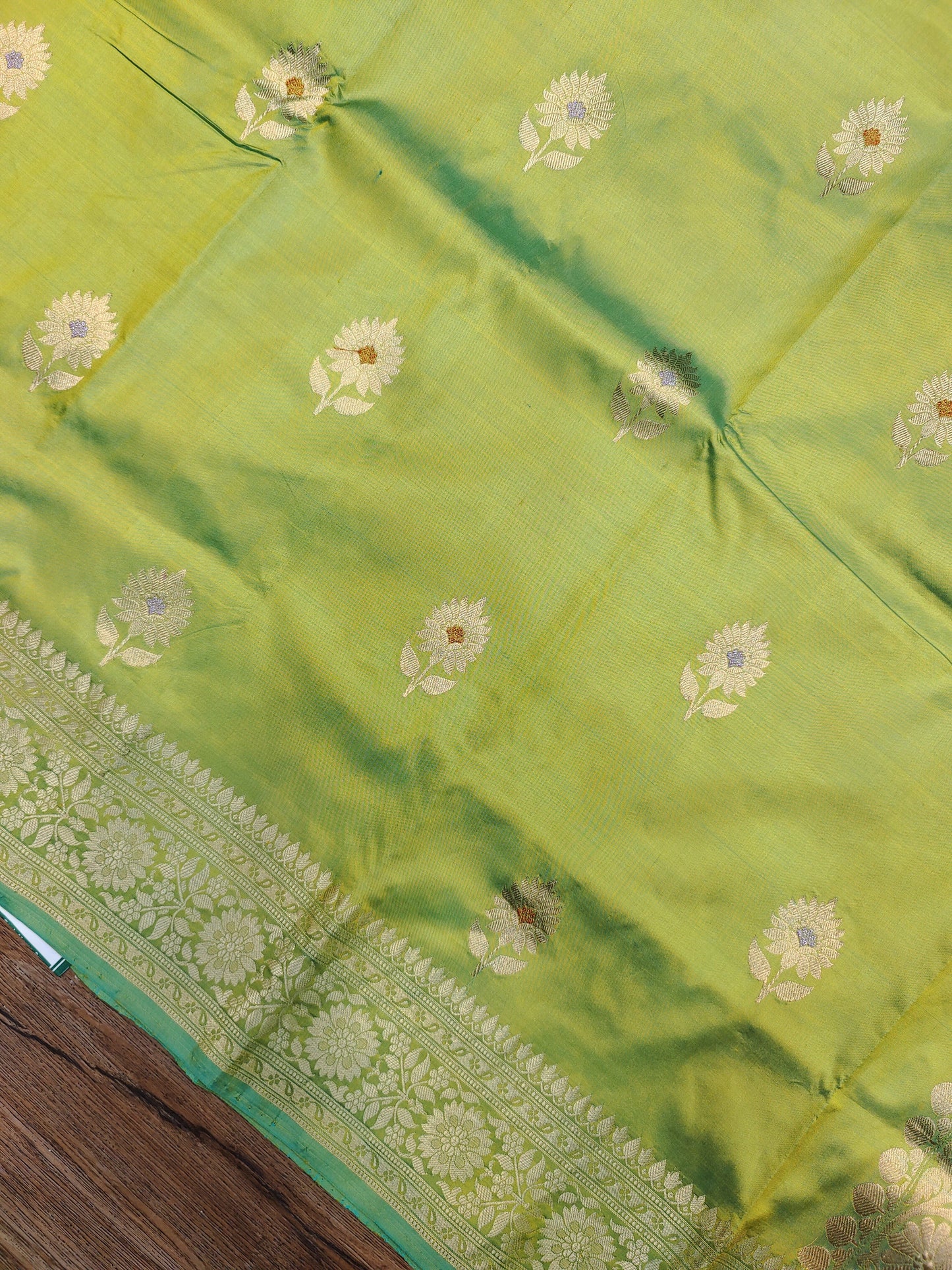 Parrot Green Kataan Silk Banarasi Saree with Intricate Gold Zari Border