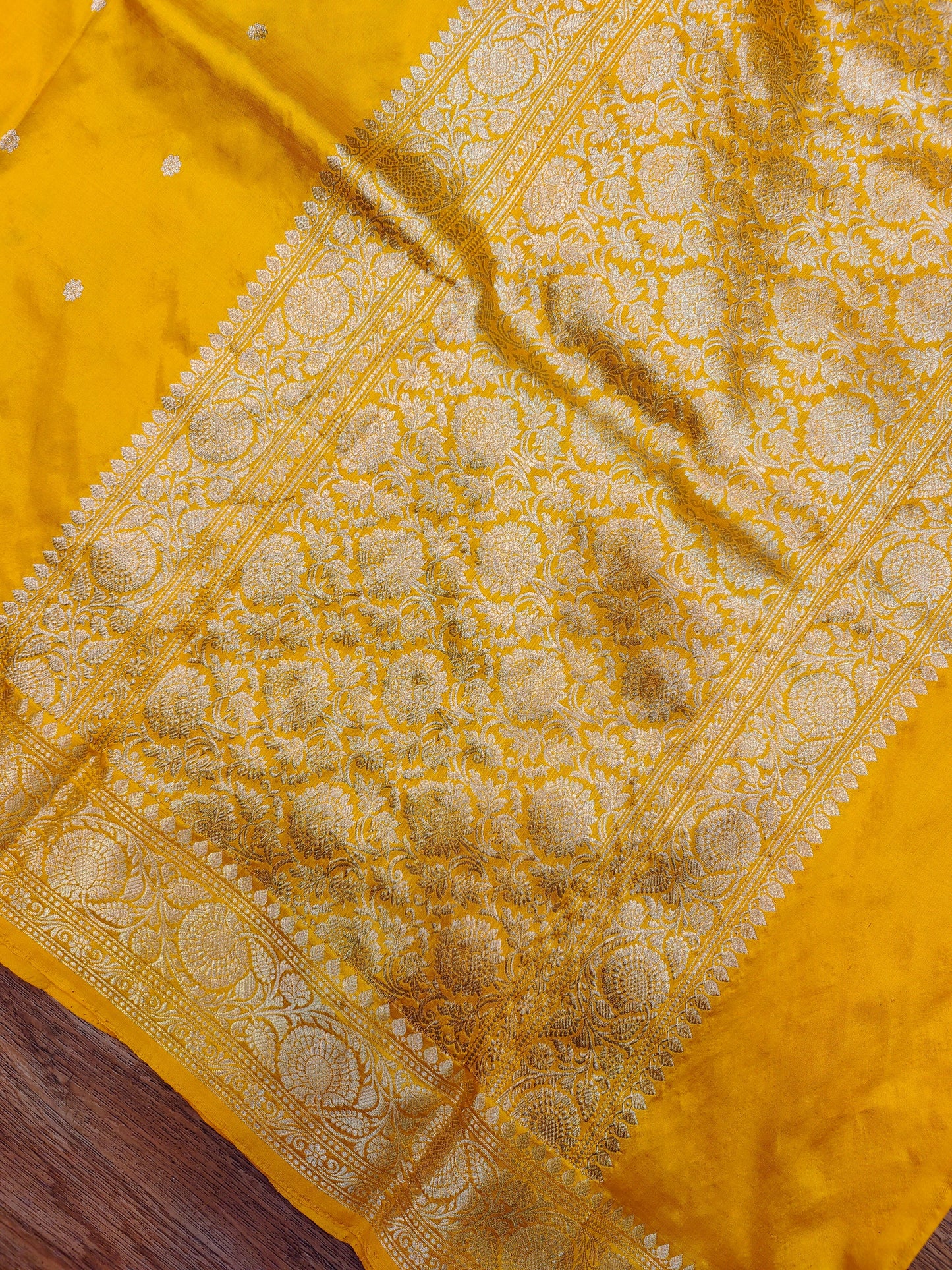 Bright Yellow Kataan Silk Banarasi Saree with Traditional Gold Zari Pallu
