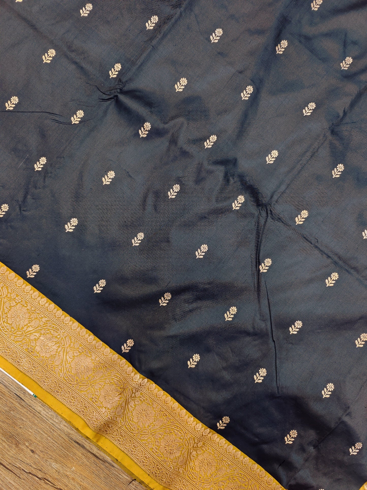 Black & Ochre Yellow Kataan Silk Banarasi Sari with Rich Gold Zari Pallu