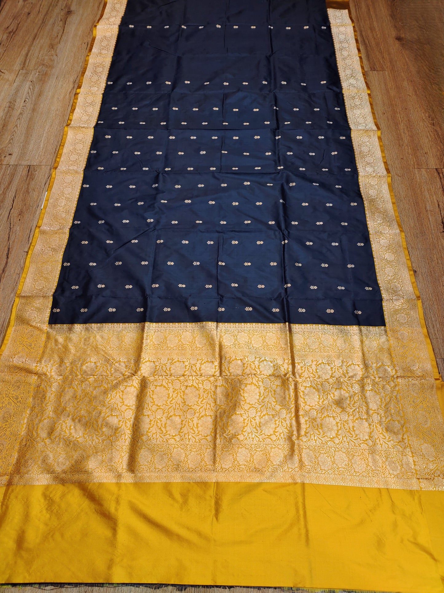 Black & Ochre Yellow Kataan Silk Banarasi Sari with Rich Gold Zari Pallu