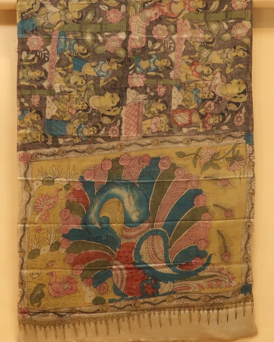 Traditional Milk-Based Hand Kalamkari Saree